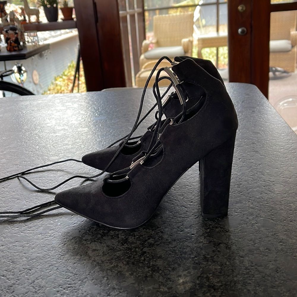 Hotsoles Herring Black Suede Front criss cross + ankle tie heels BNWOB